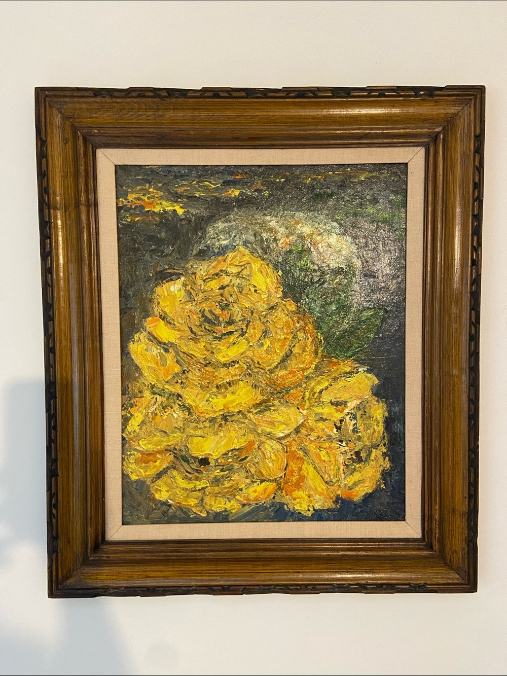 Vintage MCM 1970s Yellow Rose Oil Painting with wood and linen frame